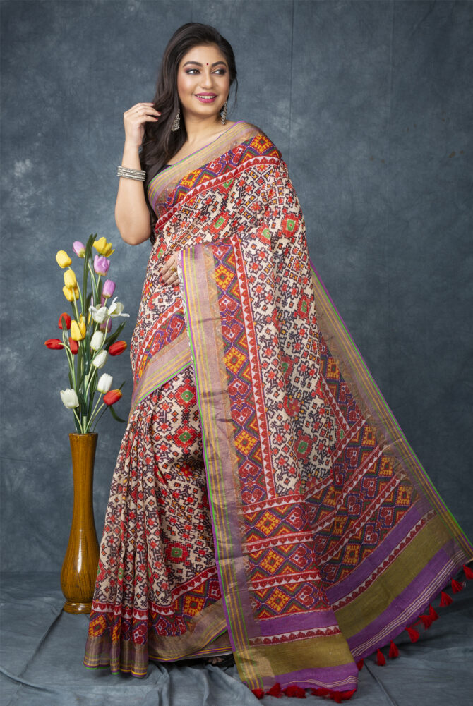 UF Multicolour Patola Linen Digital Print Saree