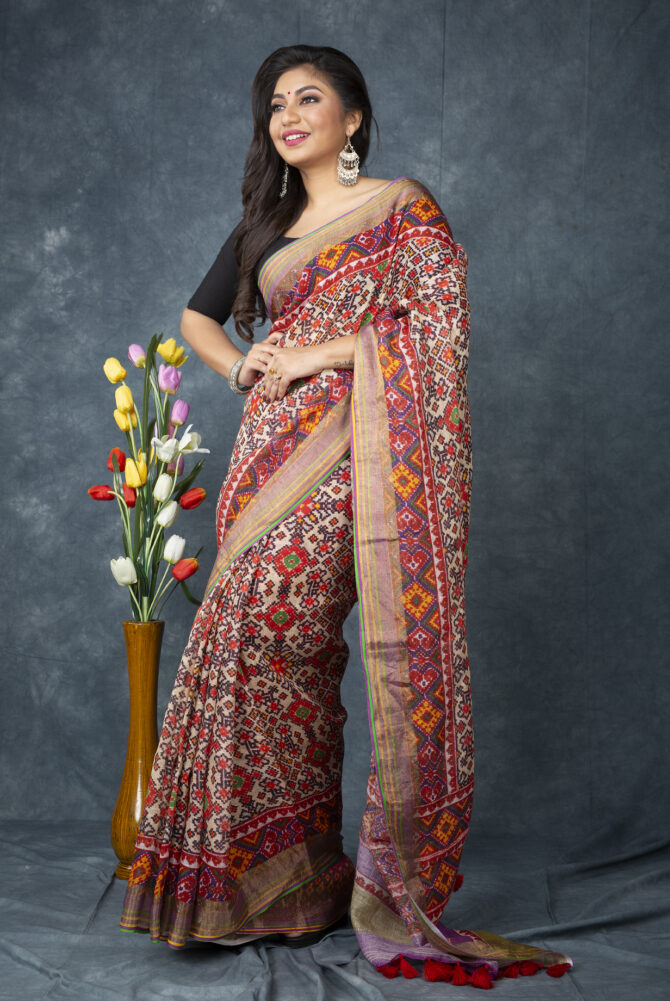 UF Multicolour Patola Linen Digital Print Saree