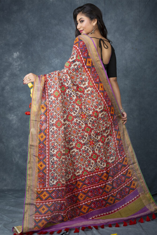 UF Multicolour Patola Linen Digital Print Saree