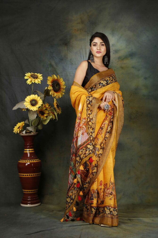 U.F Yellow Raja Maharaja Kalamkari Linen Print Saree