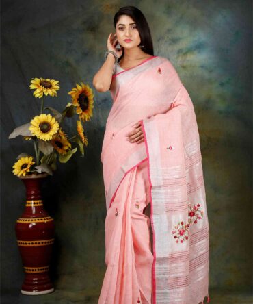 Light Pink Floral Embroidery Linen Saree