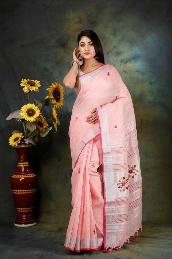 Light Pink Floral Embroidery Linen Saree