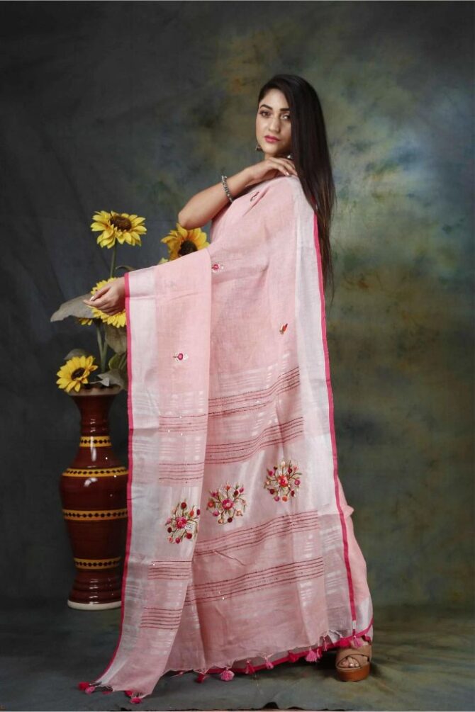 Light Pink Floral Embroidery Linen Saree